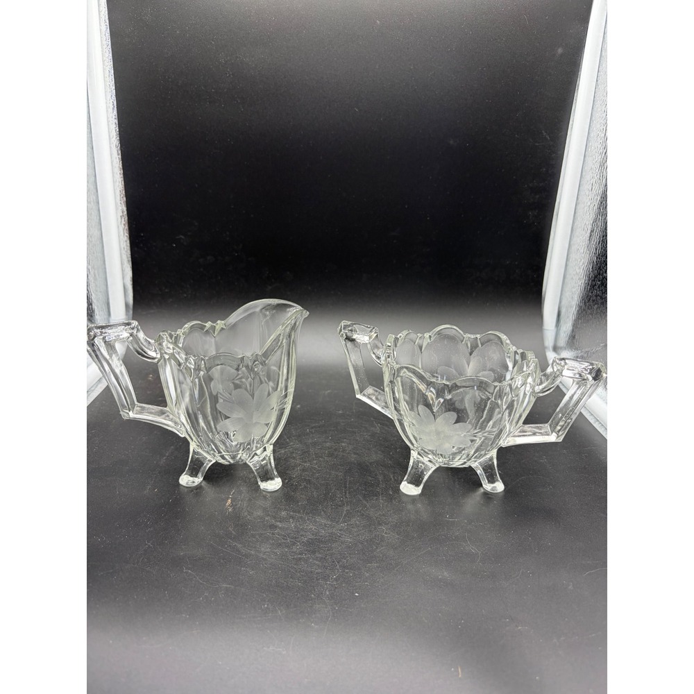 Vintage Indiana Etched Glass Footed Open Sugar & Creamer Set - Picture 1 of 4